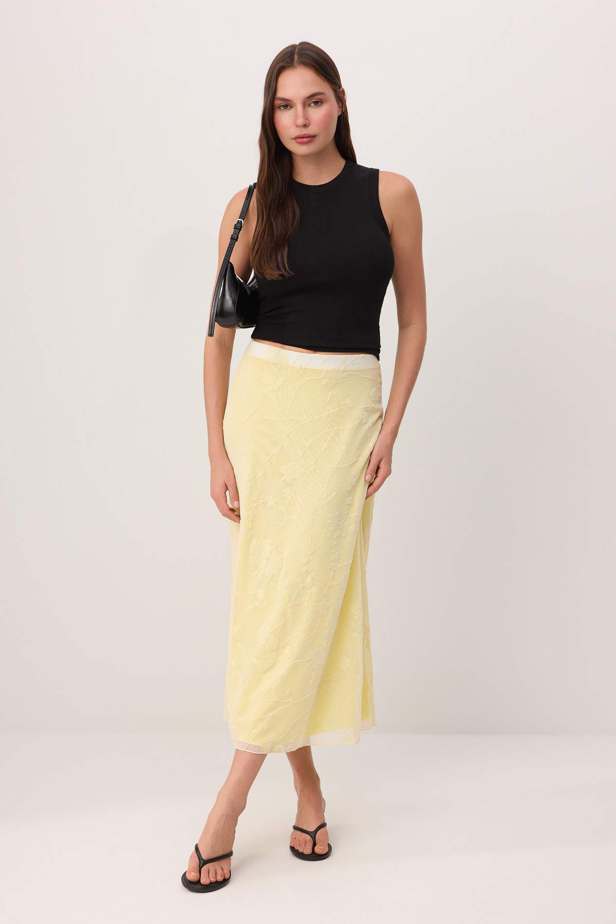 Trendyolmilla  Sarı Flok Baskılı Kalem Maxi/Uzun Tül Esnek Örme Etek TWOAW26ET00146 - Görsel 2