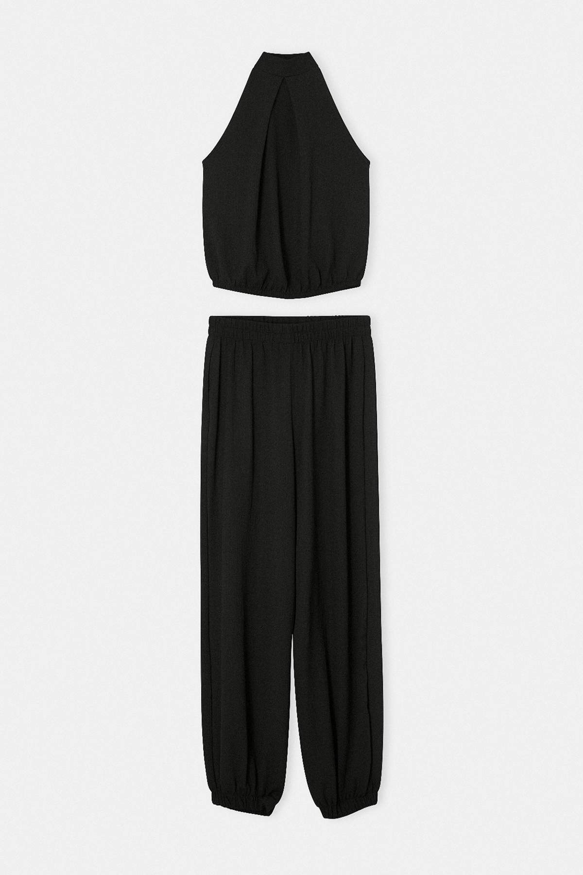 Trendyolmilla  Siyah Boyundan Bağlı Şalvar Pantolon Rahat Kalıp Takım TDRSS26AU00024