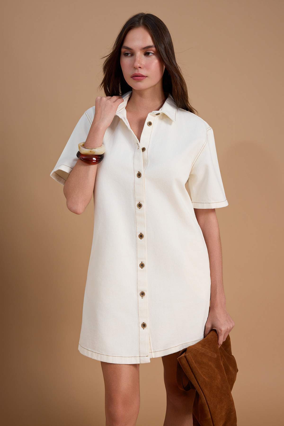 Trendyolmilla  Ekru %100 Pamuklu Mini Denim Elbise TWOSS26EL00215 - Görsel 2