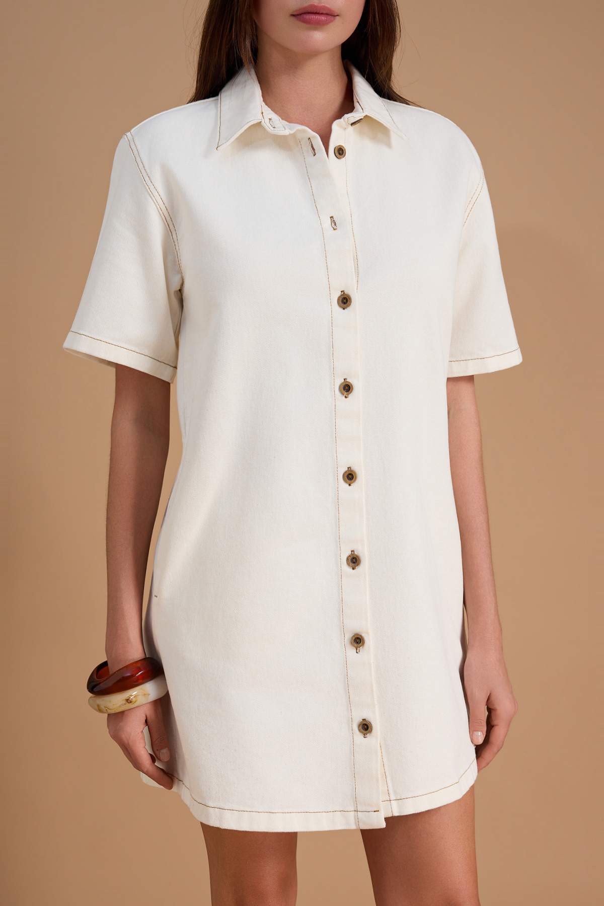 Trendyolmilla  Ekru %100 Pamuklu Mini Denim Elbise TWOSS26EL00215 - Görsel 3