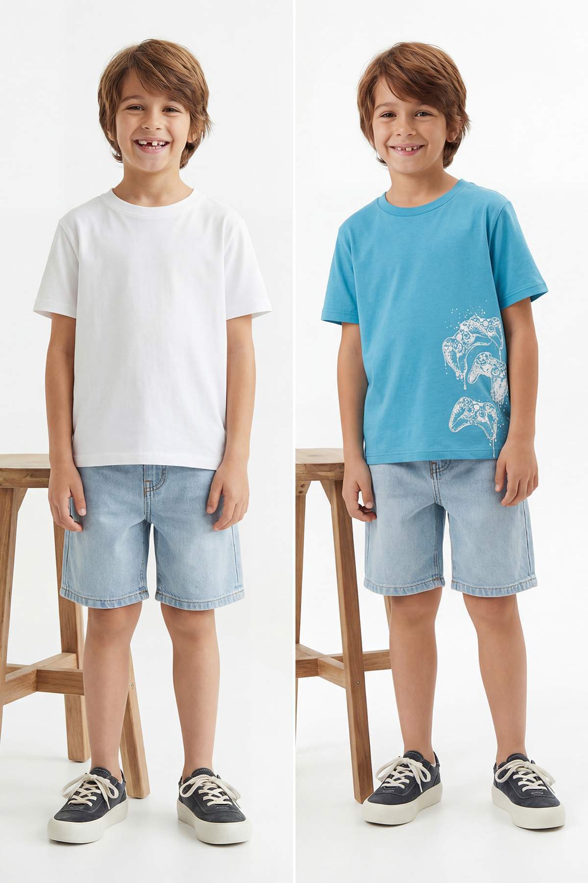 Trendyolmilla Kids Beyaz-Mavi 2'li Erkek Çocuk Baskılı Örme T-Shirt TKDSS26TS00040