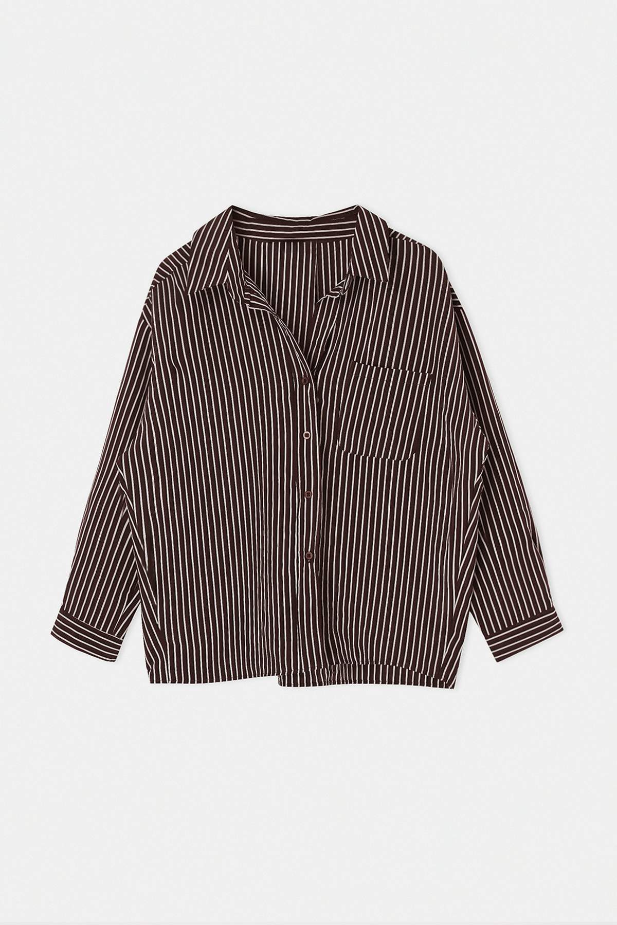 Drop by Trendyolmilla Kahverengi V Yaka Oversize Cepli Çizgili Gömlek TDRSS26GO00056