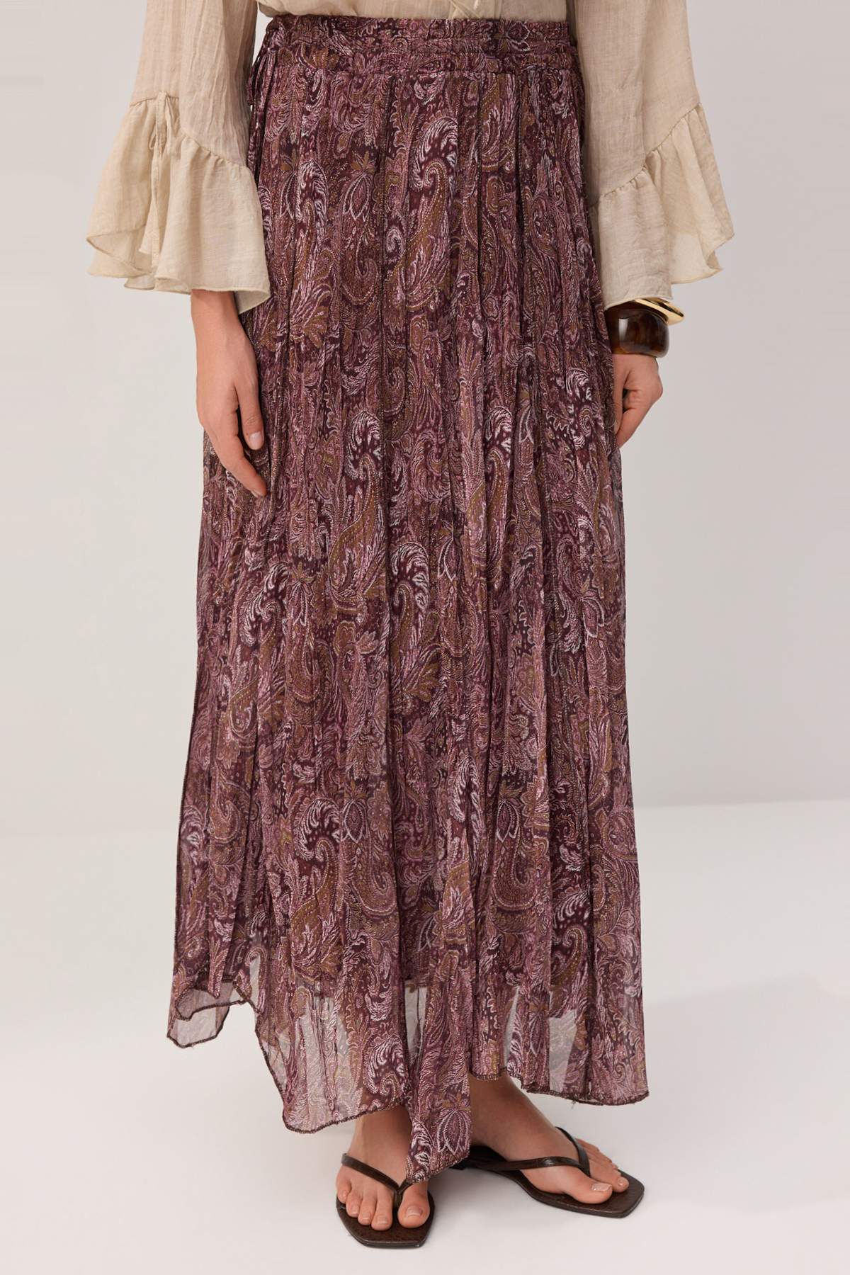 Trendyolmilla  Kahverengi Şifon Piliseli Astarlı Etnik Desenli Maxi Etek TCTSS26EE00007 - Görsel 3
