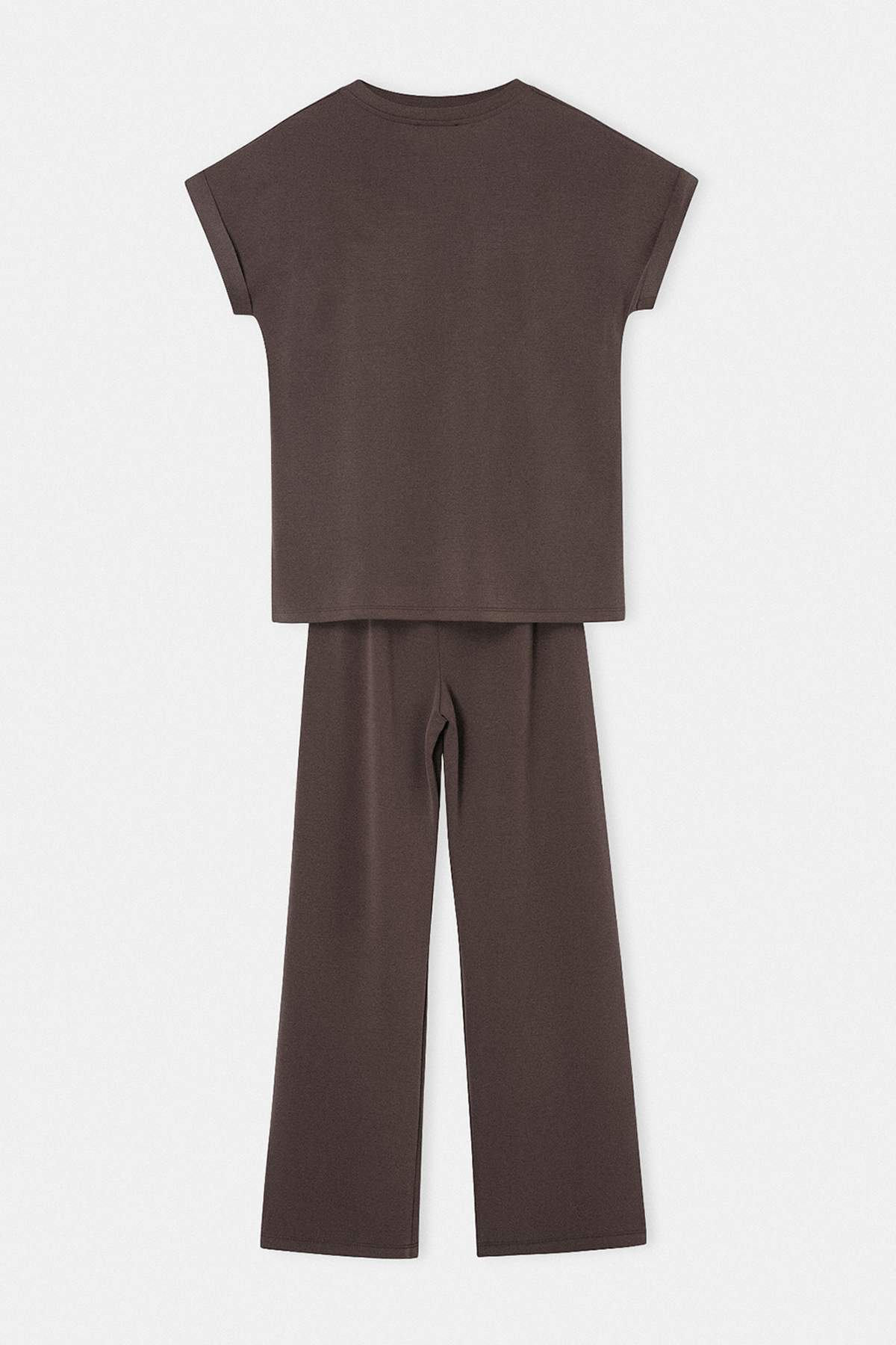 Trendyolmilla  Kahverengi V Yaka Kısa Kol Rahat Kalıp Dikişli Alt-Üst Modal Takım TDRSS26AU00027 - Görsel 2