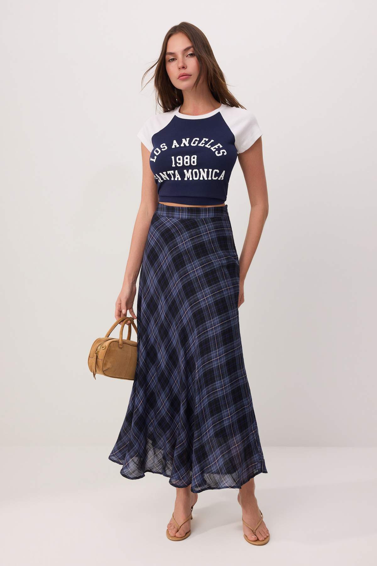 Trendyolmilla  Mavi Ekoseli %100 Pamuk Astarlı Uzun Maxi Etek TWOSS26ET00187