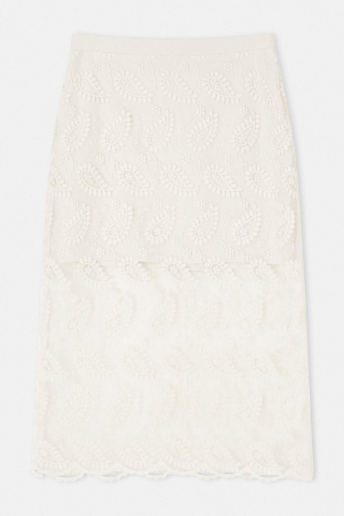 Trendyolmilla  Limited Edition Beyaz Şal Desen Midi Örme Tül Brode Etek TPRSS26ET00014
