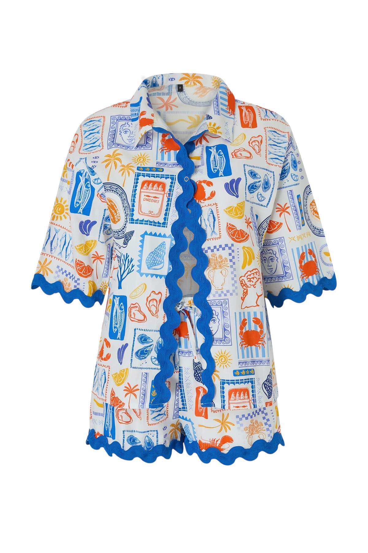 Trendyolmilla  Su Altı Mix Desen Dokuma Şeritli Plaj Gömlek-Şort Takım TBESS25AU00047 - Görsel 5