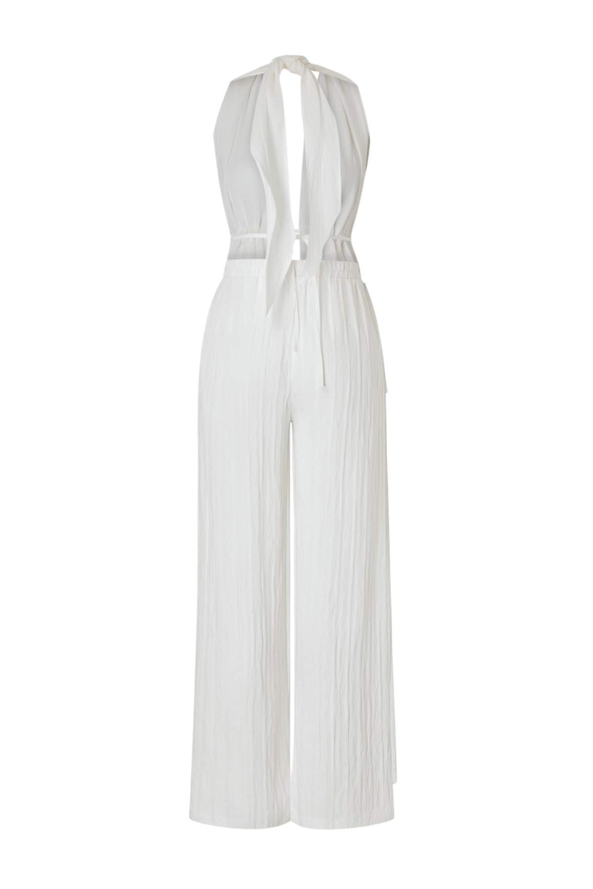 Trendyolmilla  Ekru Dokuma Büzgülü Plaj Bluz-Pantolon Takım TBESS25AU00063 - Görsel 6