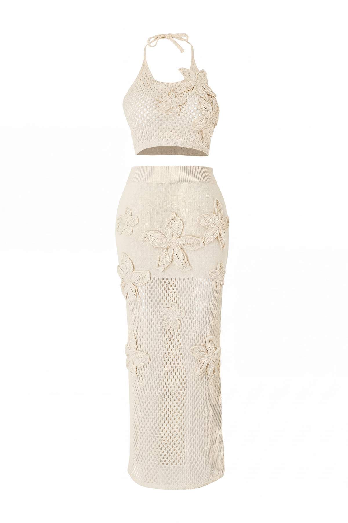 Trendyolmilla  Ekru Triko Ajurlu Halter Yaka Plaj Bluz Etek Takım TBESS26AU00020 - Görsel 4