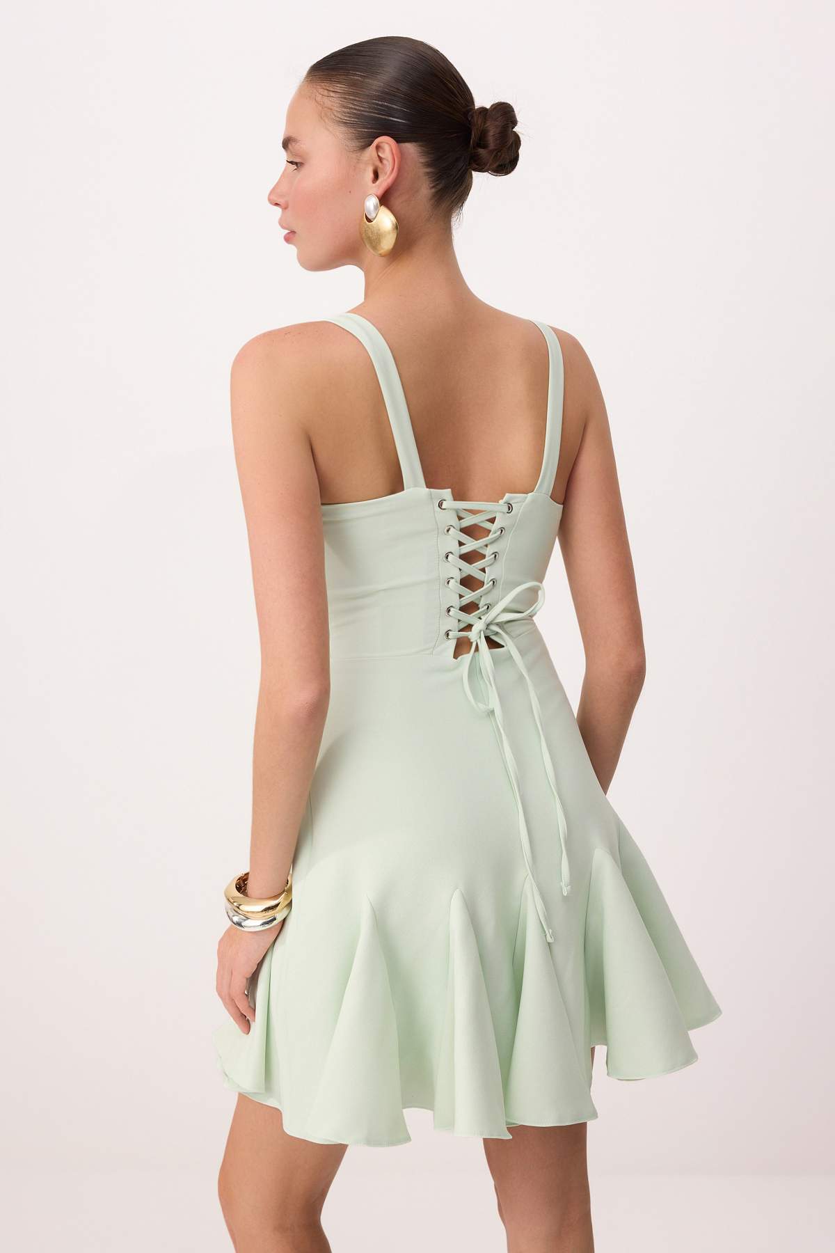 Trendyolmilla  Mint Düz Volanlı / Fırfırlı Dokuma Finike Kısa / Mini Astarsız Düğün/Nikah Elbise - Görsel 4