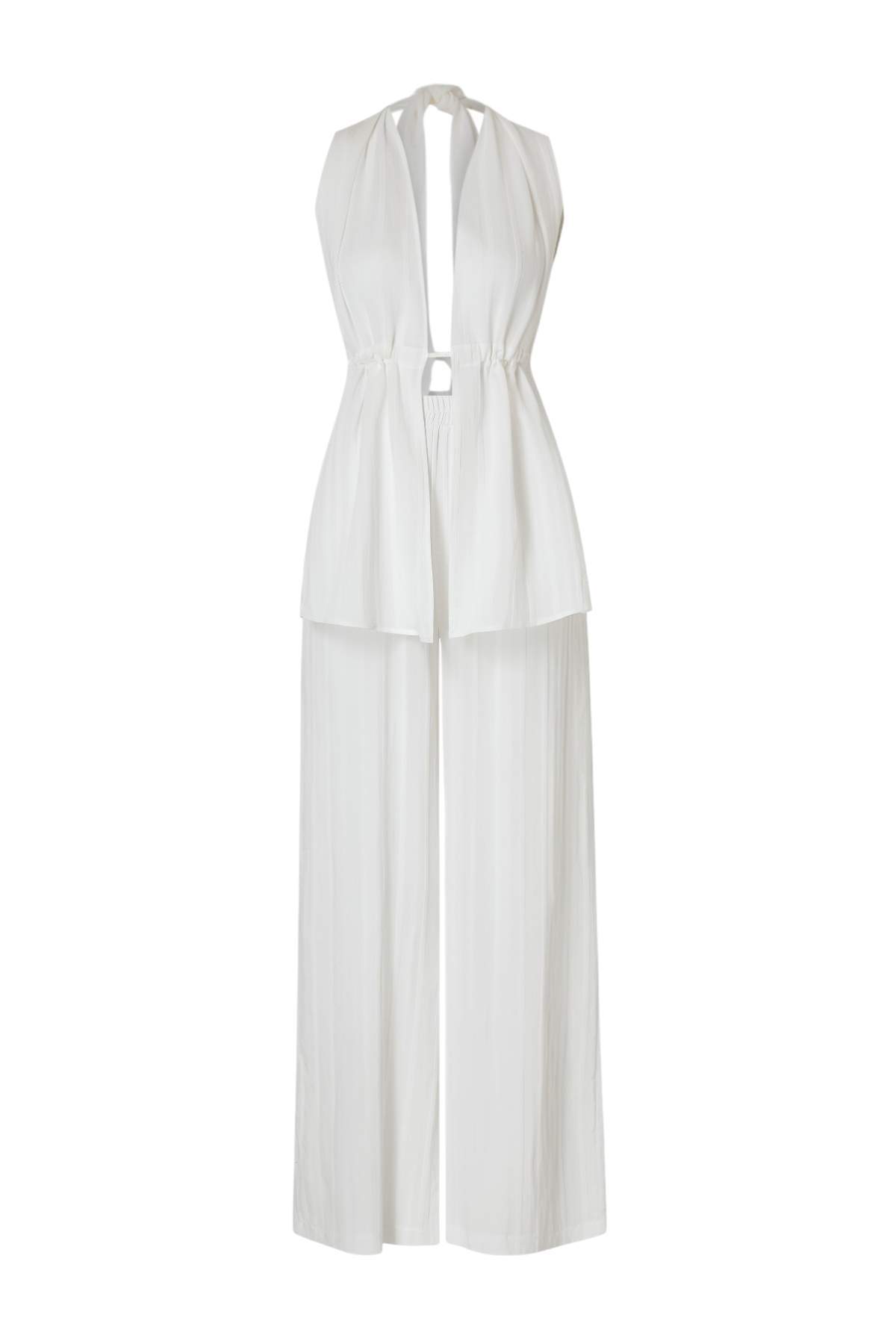 Trendyolmilla  Ekru Dokuma Büzgülü Plaj Bluz-Pantolon Takım TBESS25AU00063 - Görsel 5