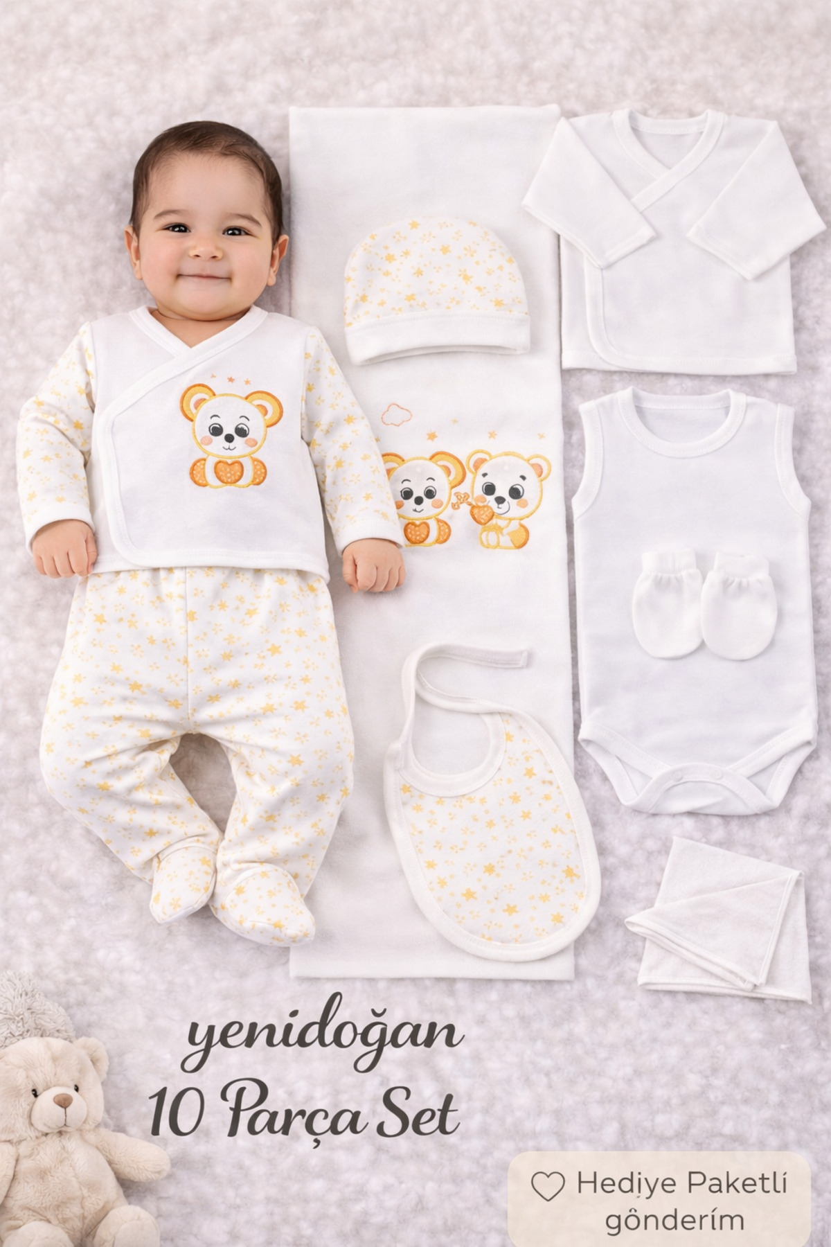 Petino Yenidoğan Hastane Çıkış Seti 10 Parça Koala Nakışlı %100 Pamuk Bebek Seti Sarı Unisex fotoğrafı 2 (önizleme)