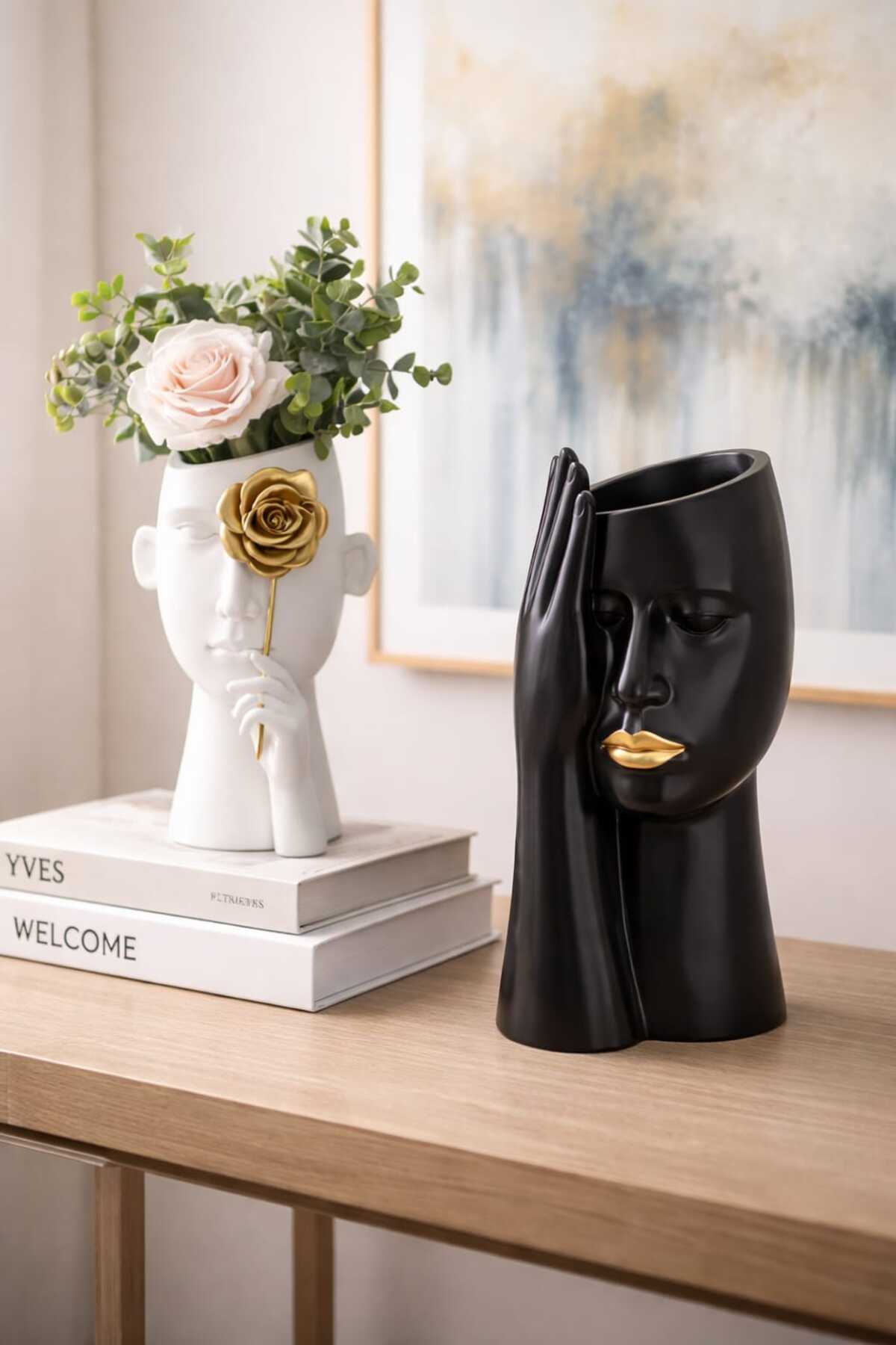 2-Piece Modern Style Decorative Half Faces Flower Pot Set Flower Pot Vase Pen Holder Decor