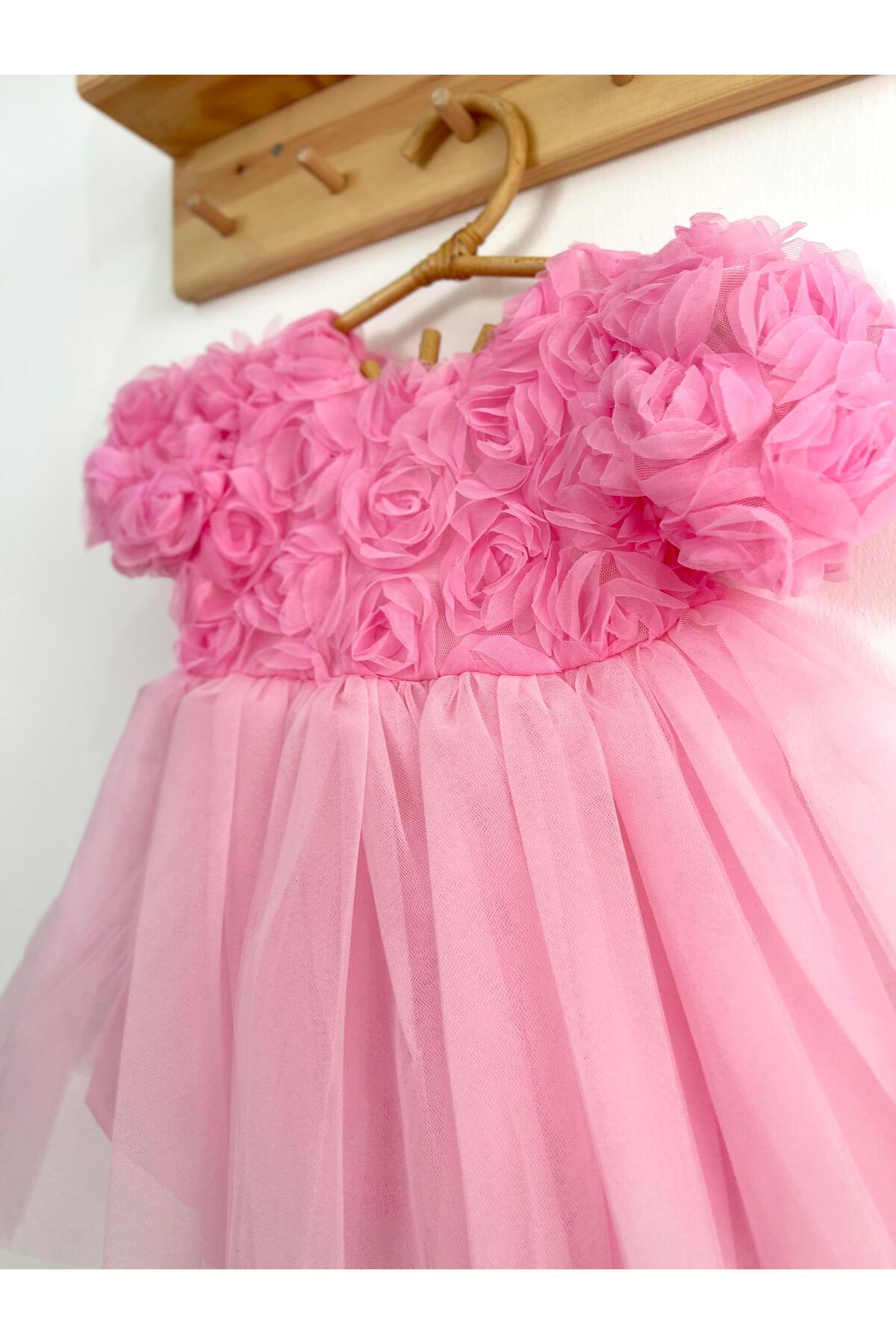 2kids2mom Kız Bebek Pembe Elbise Kısa Kollu Fiyonklu Doğum Günü Parti Düğün Özel Gün Tüllü Astarlı Prenses Par fotoğrafı 6 (önizleme)