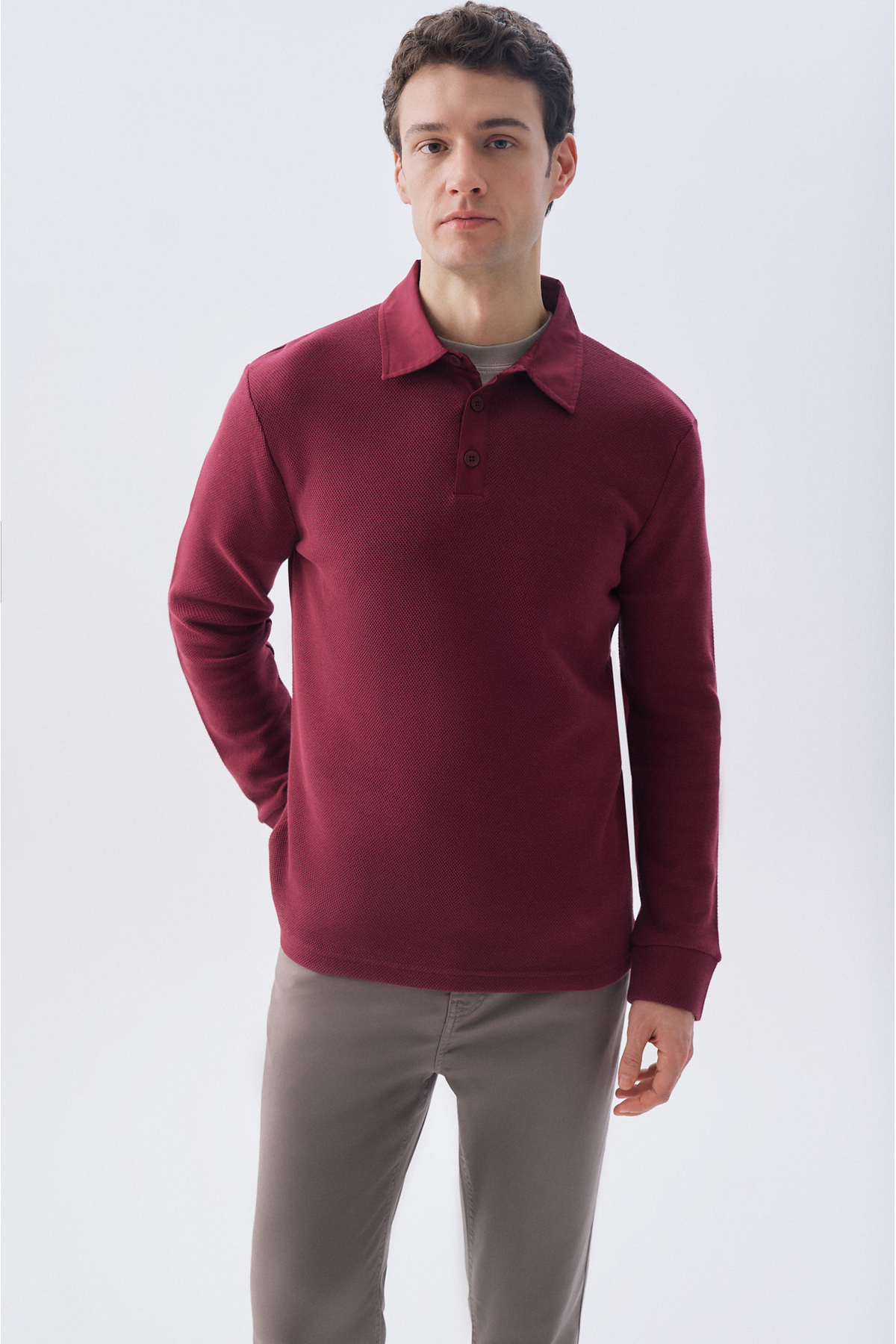 Mudo Erkek Bordo Tekstürlü Polo Yaka Sweatshirt — زرشکی 1266196