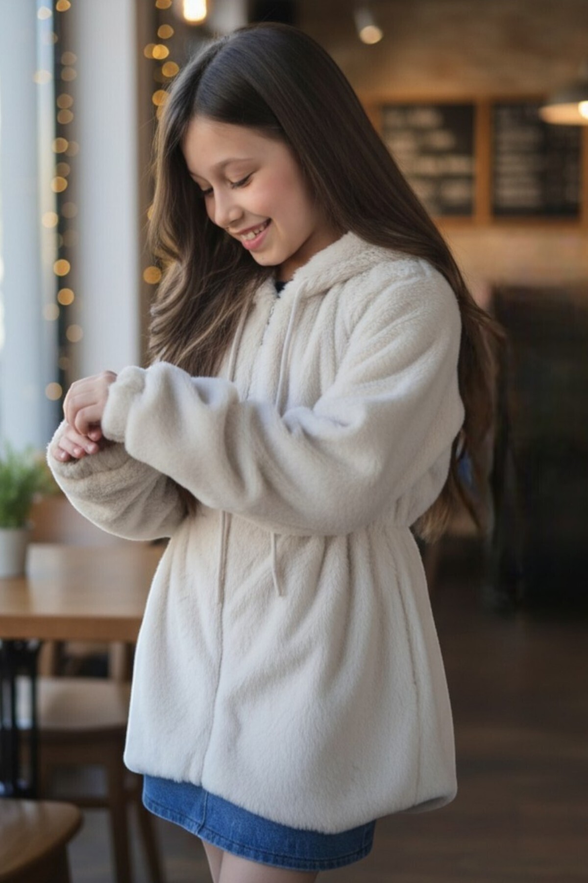 QUB CLUB Kız Çocuk İçi Astarlı Bej Peluş Ceket Mont Kaban 1 Beden Büyük Tercih Edebilirsiniz fotoğrafı 3 (önizleme)