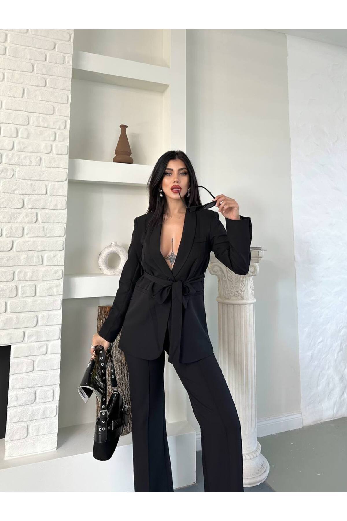 Damen Blazer-Jacke mit Gürtel und Hose, Set, Schwarz - Görsel 5