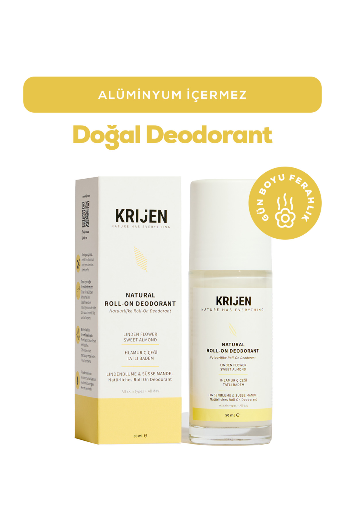 Krijen Doğal Deodorant - Ihlamur Çiçeği & Tatlı Badem Roll-On Deodorant 50 Ml-Bitkisel Ter Kokusu Önleyici
