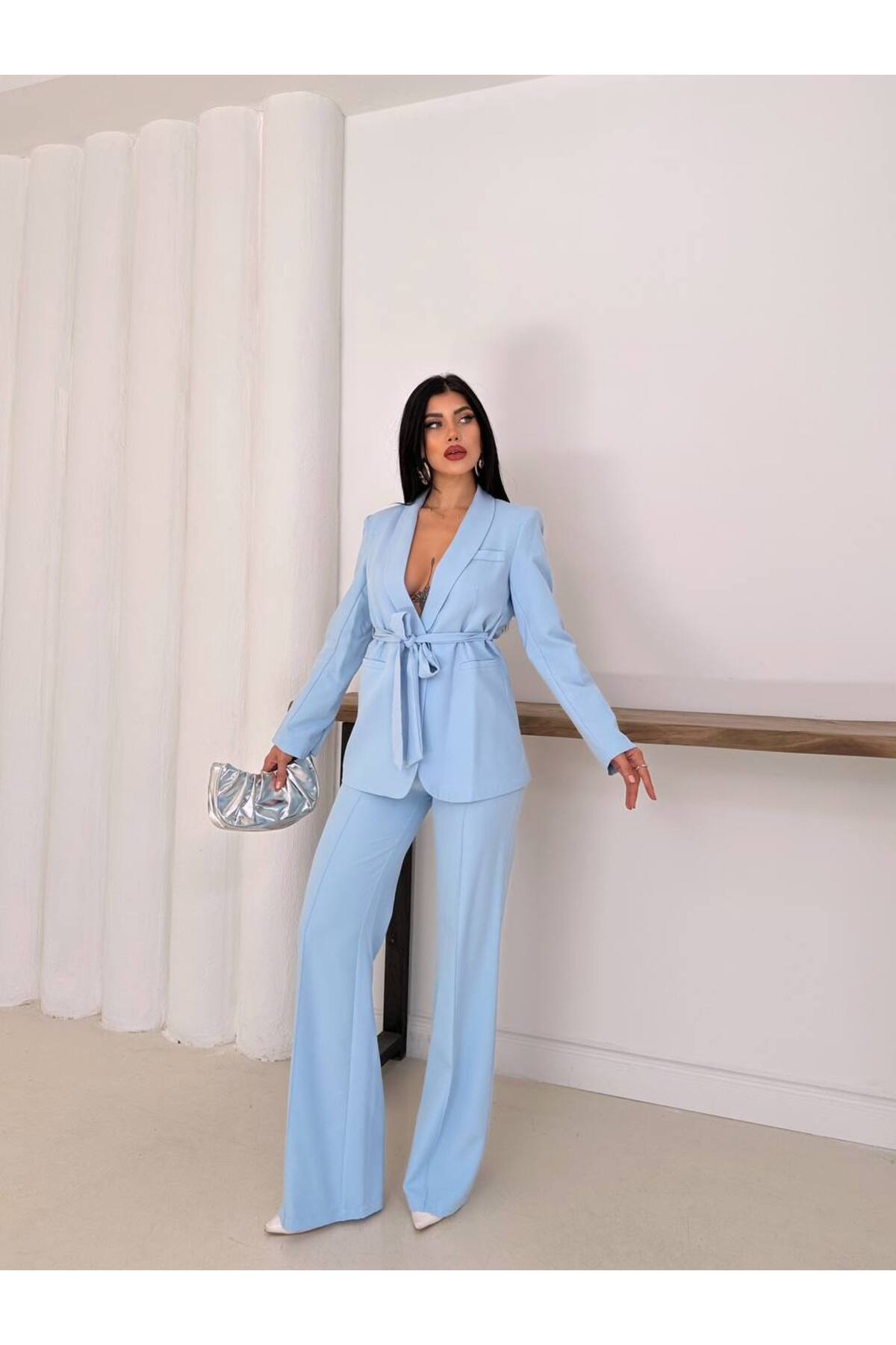 Ensemble Blazer et Pantalon Ceinturé pour Femme Bleu Clair - Görsel 6