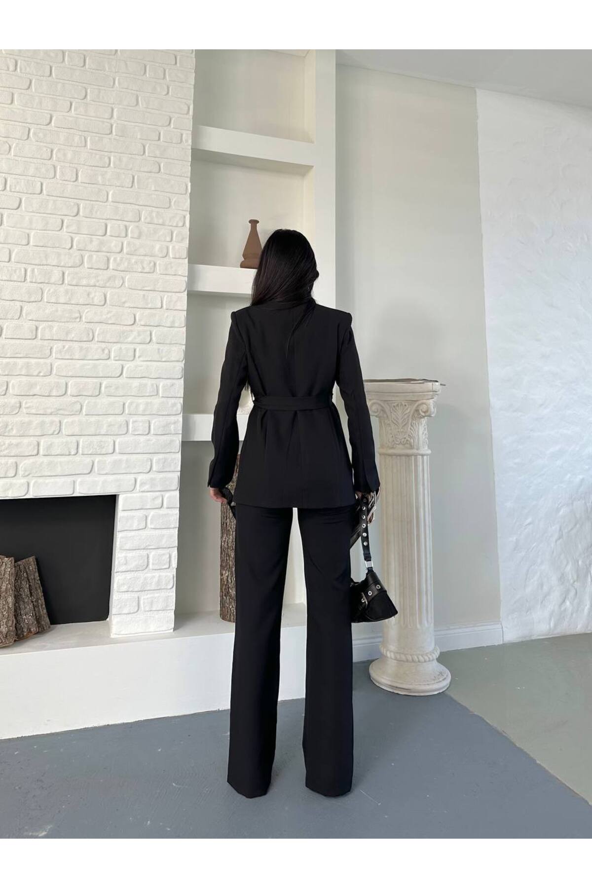 Damen Blazer-Jacke mit Gürtel und Hose, Set, Schwarz - Görsel 8