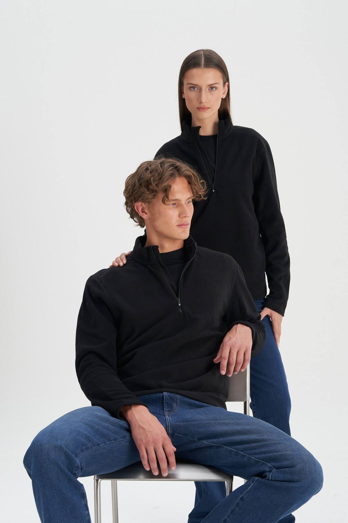 AC&Co / Altınyıldız Classics Unisex 2'li Paket Standart Fit Dik Yaka Soğuk Geçirmez Sweatshirt Polar Siyah-Açık Melanj görsel 4