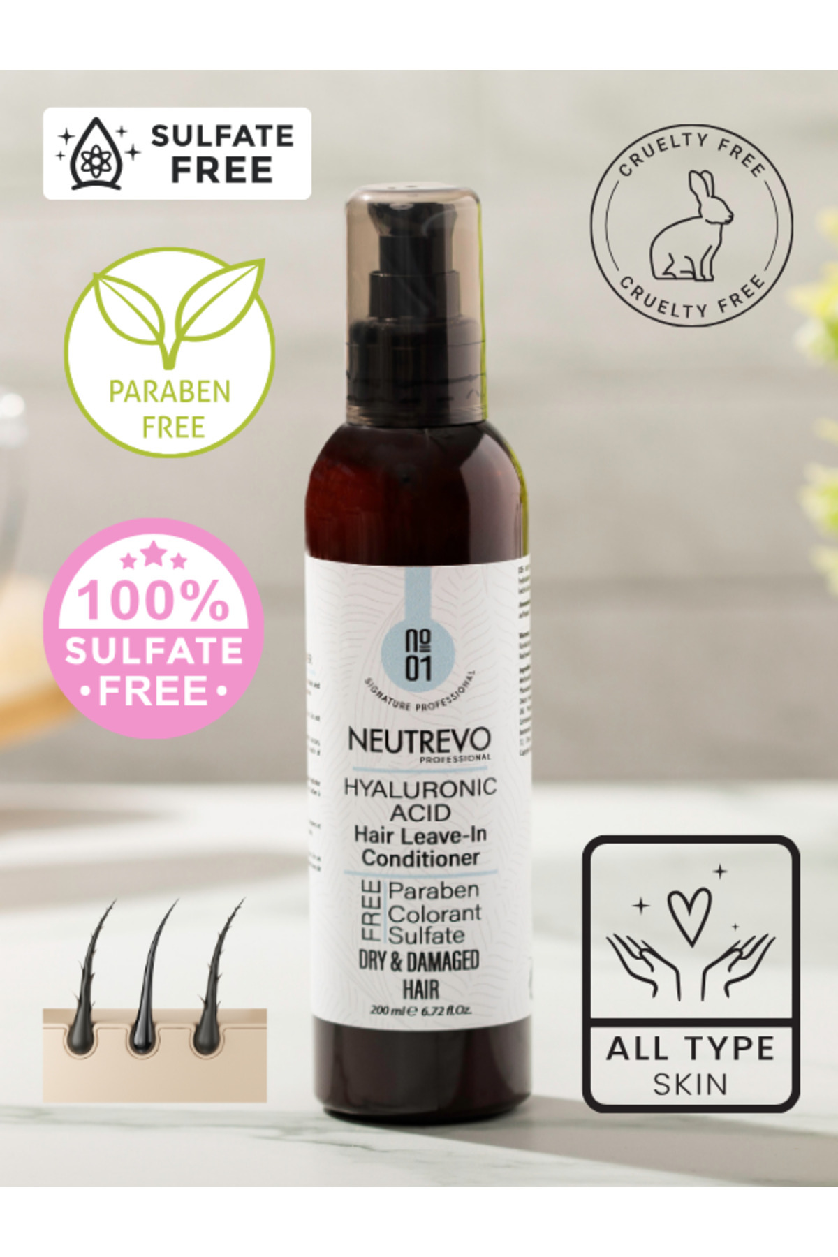 No:1 Hyaluronic Acid Serisi Nem Ve Dolgunluk Veren Durulanmayan Saç Bakım Kremi 200 ML — NeutrevoNo1L — تصویر 3 از 3