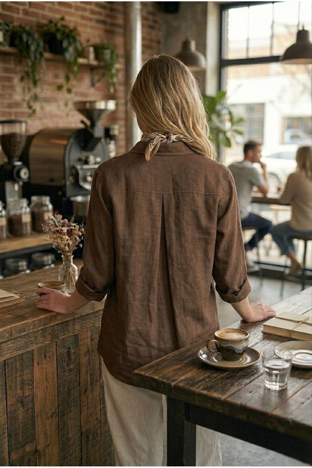 miremiran  Doğal Keten Kumaş Oversize Salaş Kalıp Kadın Gömlek Rahat Kesim KAHVERENGİ - Görsel 5