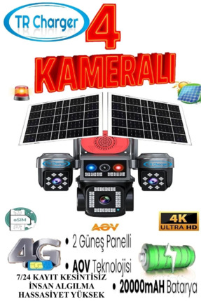 TRCharger 4 Kameralı E-SIM Güneş Enerjili Güvenlik Kamerası – Çift Güneş Pane...