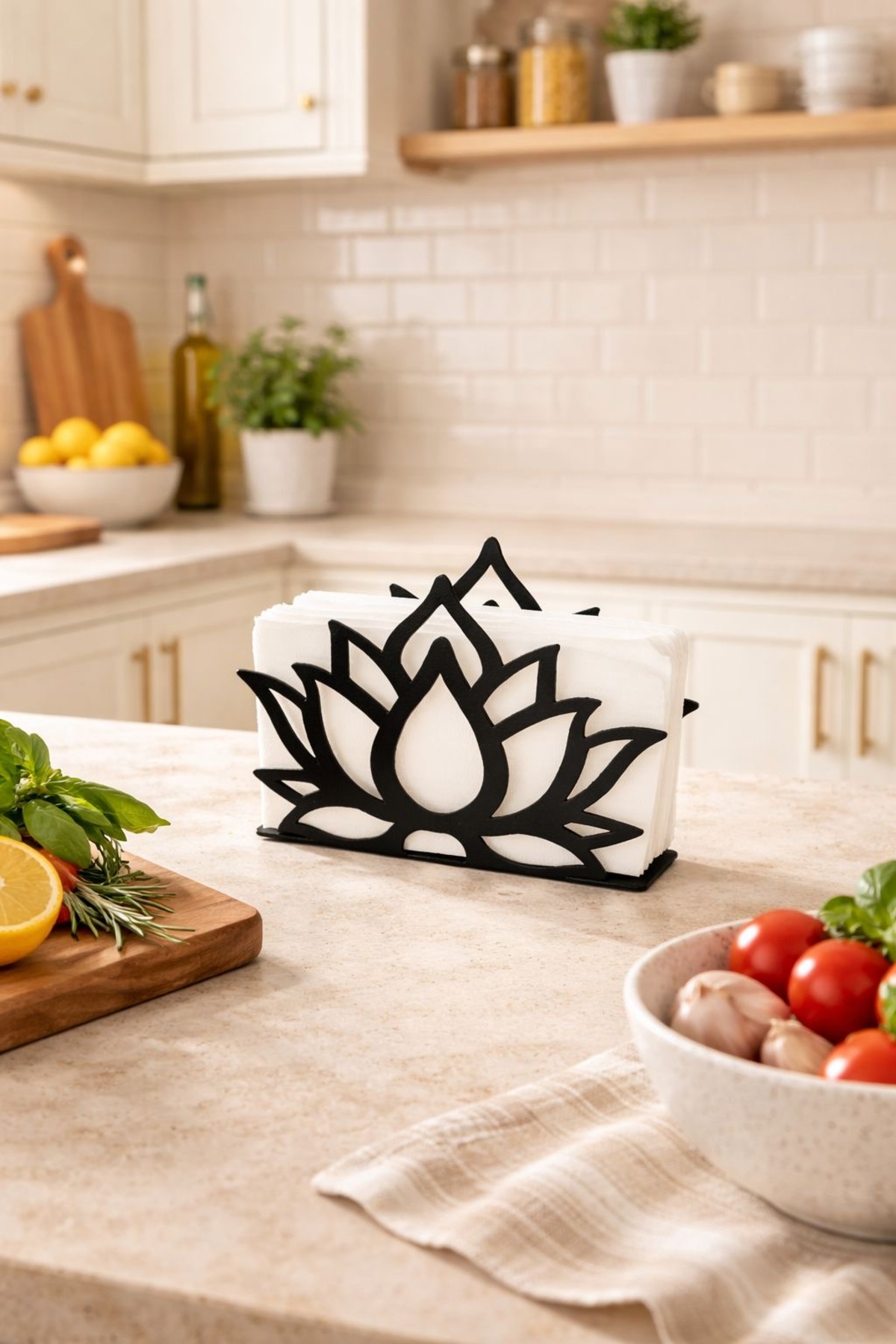 Lotus No 1 Motif Desktop Decorative Napkin Holder Towel Holder Black Stylish Presentation Metal Tableware Presentation