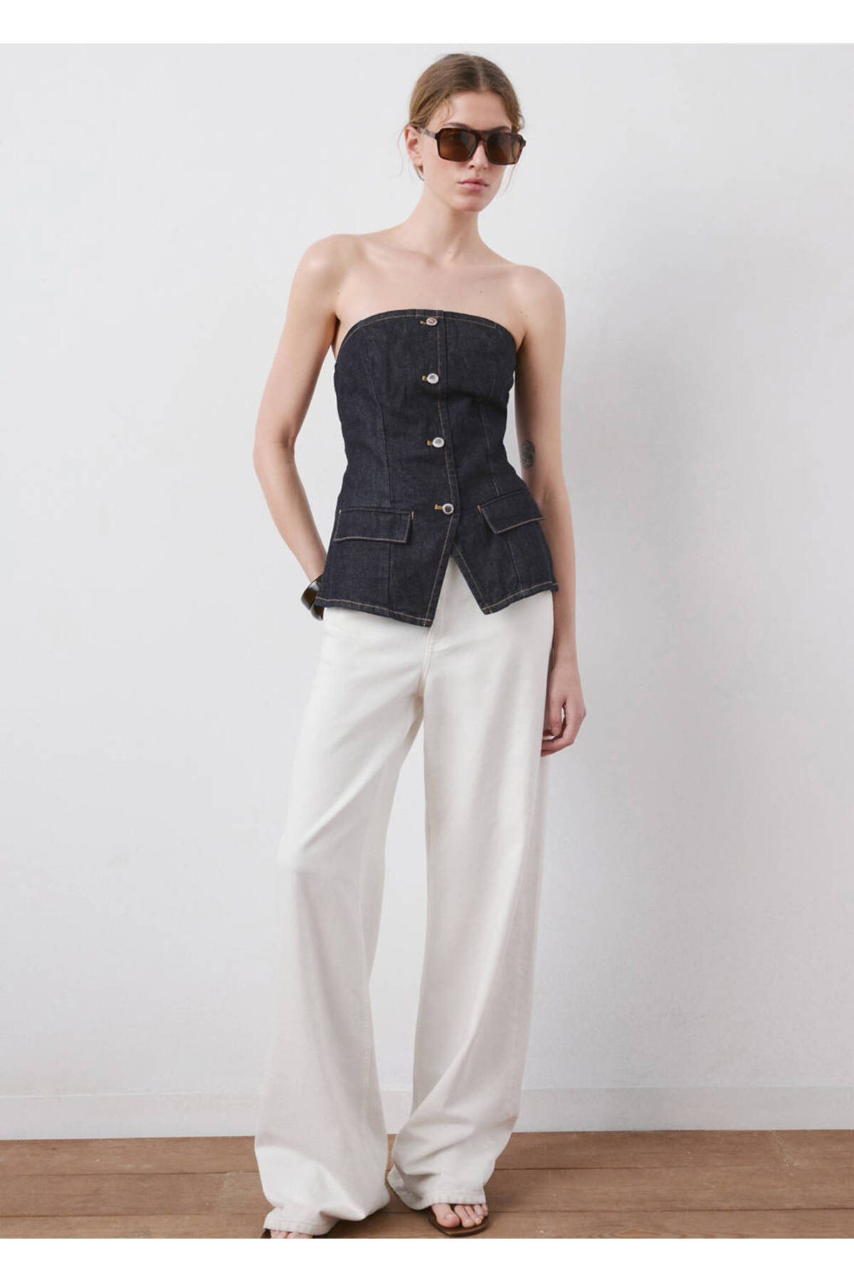 MANGO  Straplez denim bluz - Görsel 7