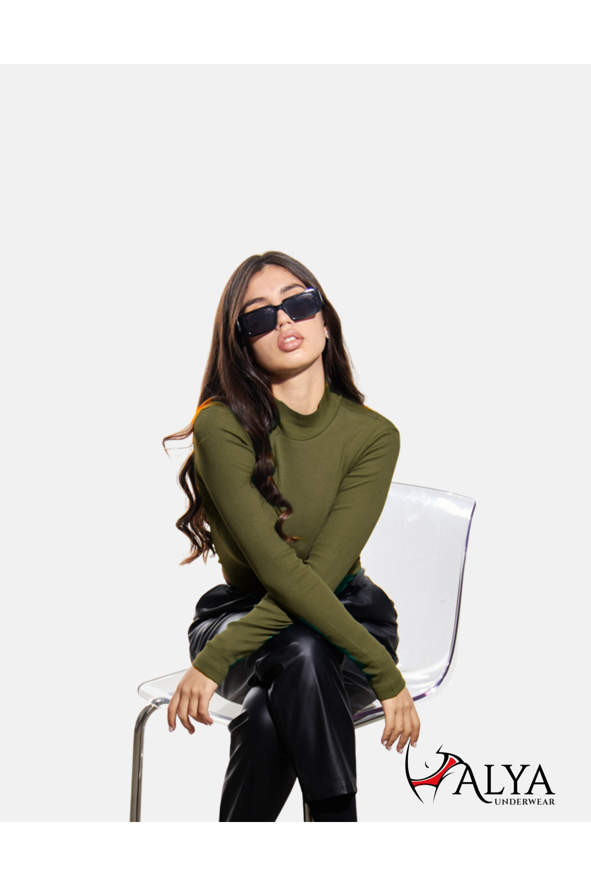 Camisole Half-Throat Bodysuit Sweatshirt, Ribbed Fabric, Lycra Blouse, Military Green Comfortable Waistband