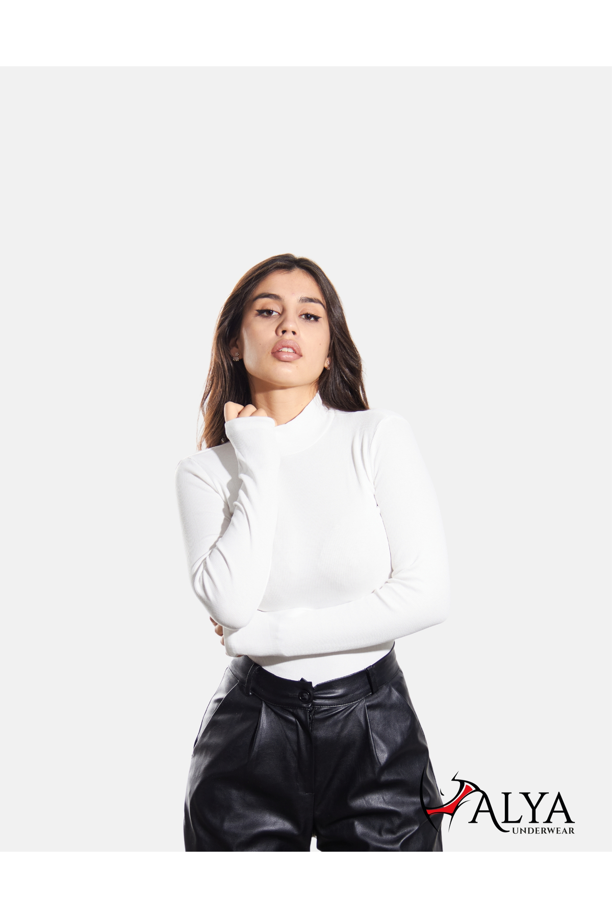 Camisole Half Throat Bodysuit Sweatshirt, Ribbed Fabric Lycra, Blouse White Waistband