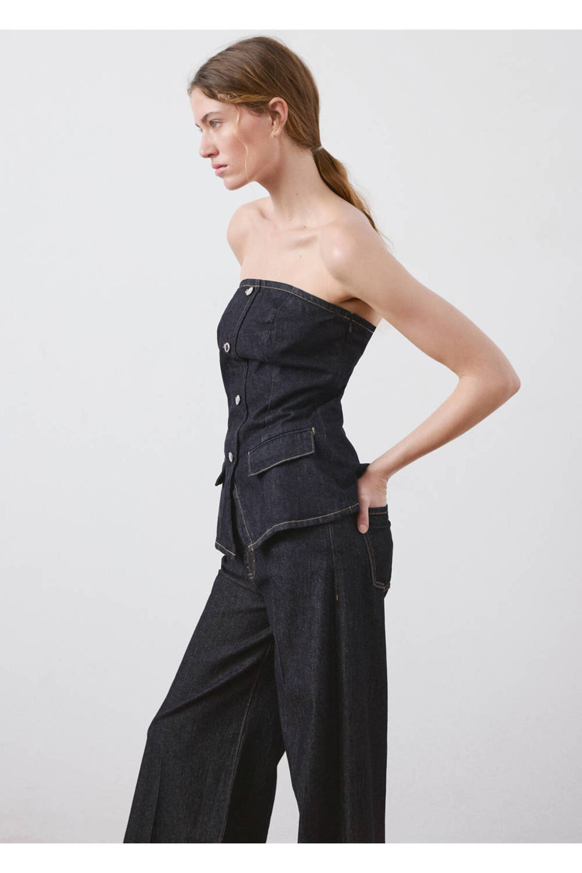 MANGO  Straplez denim bluz - Görsel 6
