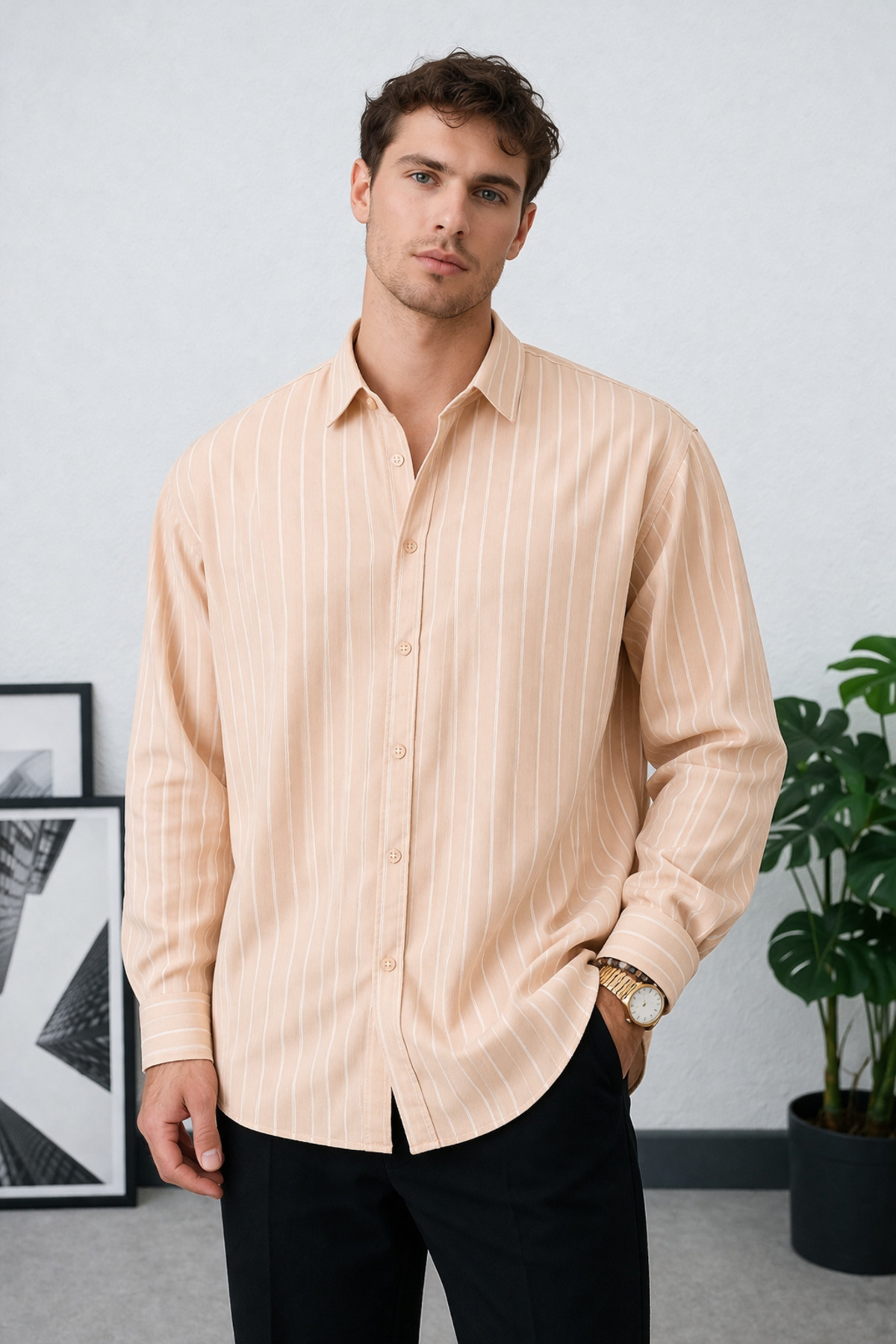 پیراهن مردانه گشاد بژ پارچه‌ای بافته شده  پیراهن İLKCET MODA