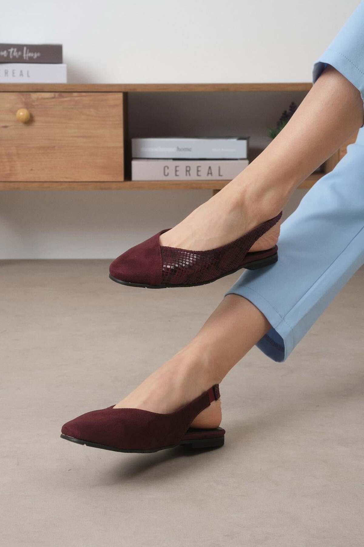 Mio Gusto Debby Bordo Renk Arkası Açık Kadın Düz Babet Ayakkabı görsel 6
