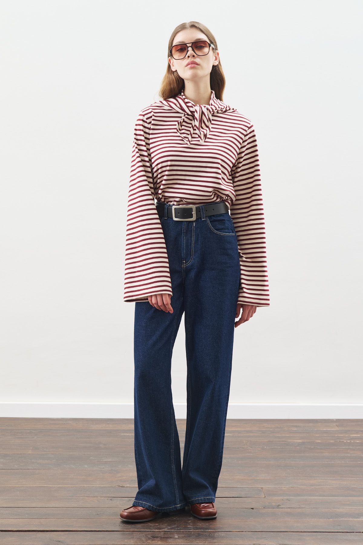 SHAWL DETAIL STRIPED TSHIRT BURGUNDY