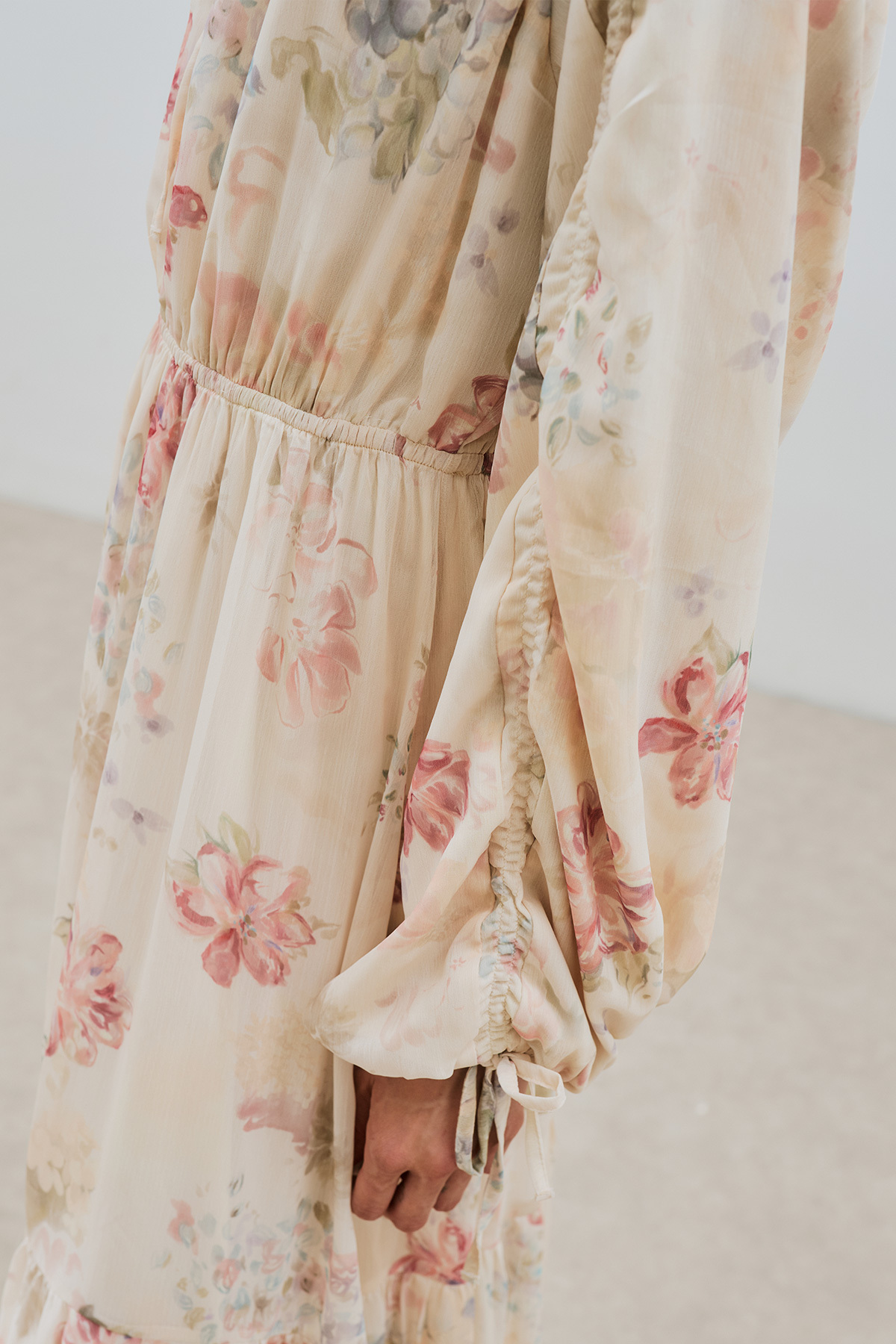 Manuka Long Tie Chiffon Dress Roses Butterfly- Trendyol
