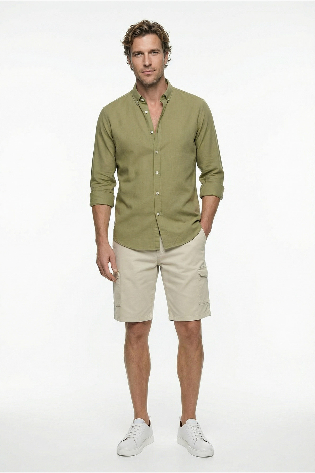 Kiğılı  Uzun Kol Regular Fit Düğmeli Yaka Spor Pamuk Nefes Alabilen Keten Görünümlü Gömlek - Görsel 2