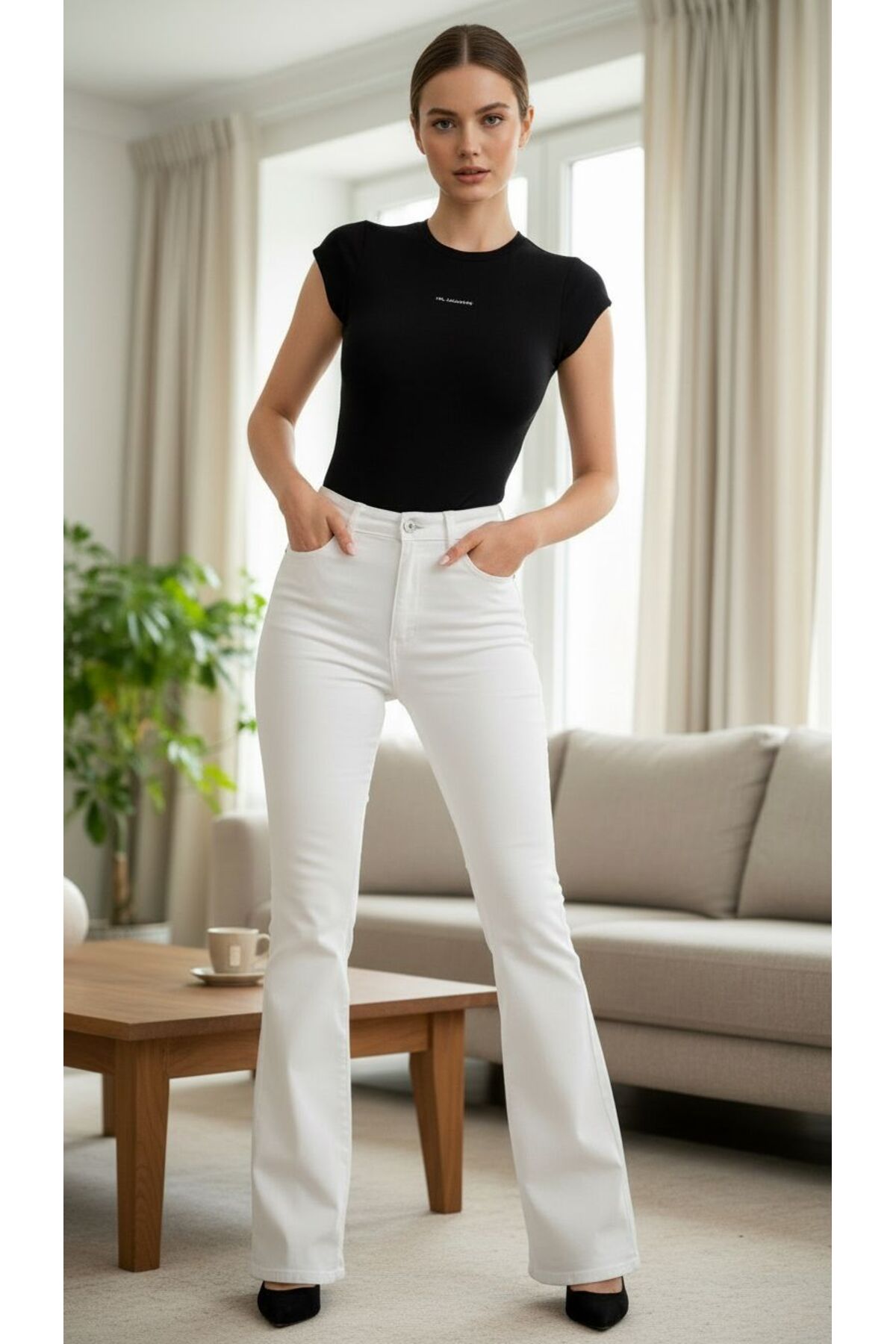comfort jeans  Beyaz Likralı Yüksek Bel Ispanyol Jeans Pantolon - Görsel 6