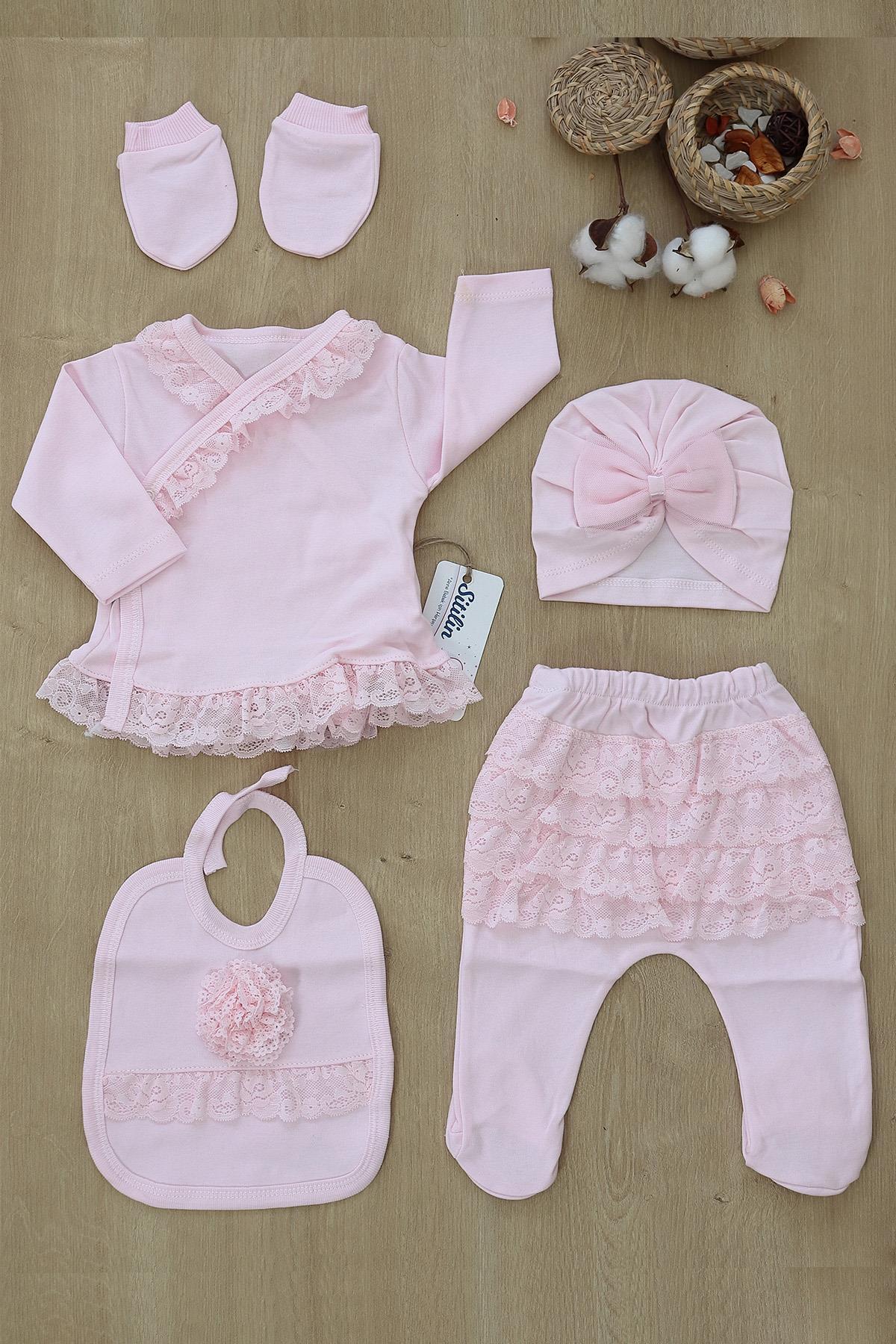 Sitilin Kız Bebek Dantelli Lüks Fistolu Süslü 5 Li Hastane Çıkışı %100 Pamuk Yenidoğan Seti fotoğrafı 2 (önizleme)