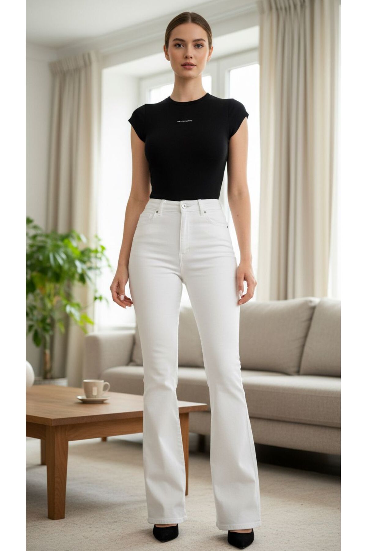 comfort jeans  Beyaz Likralı Yüksek Bel Ispanyol Jeans Pantolon