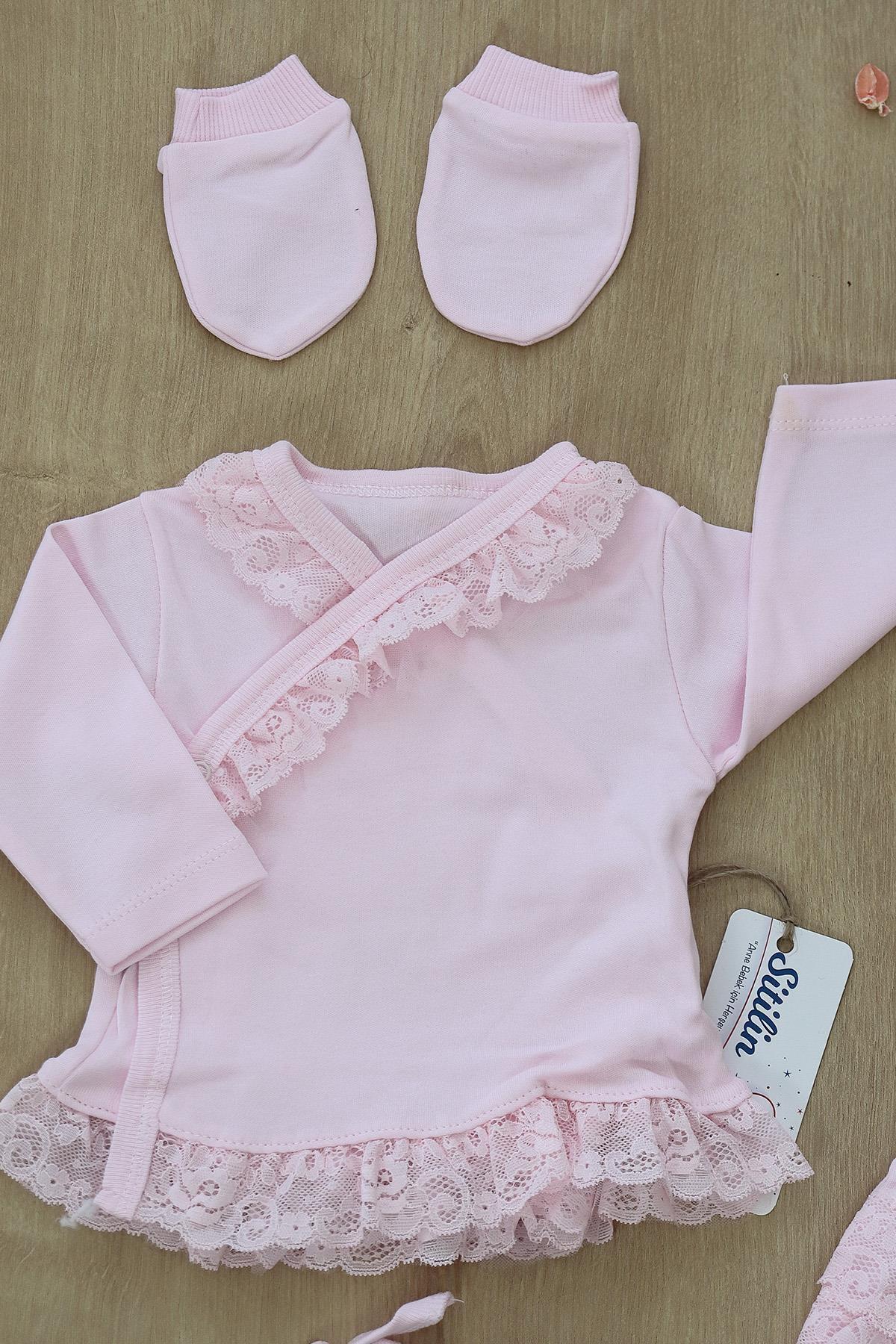 Sitilin Kız Bebek Dantelli Lüks Fistolu Süslü 5 Li Hastane Çıkışı %100 Pamuk Yenidoğan Seti fotoğrafı 4 (önizleme)
