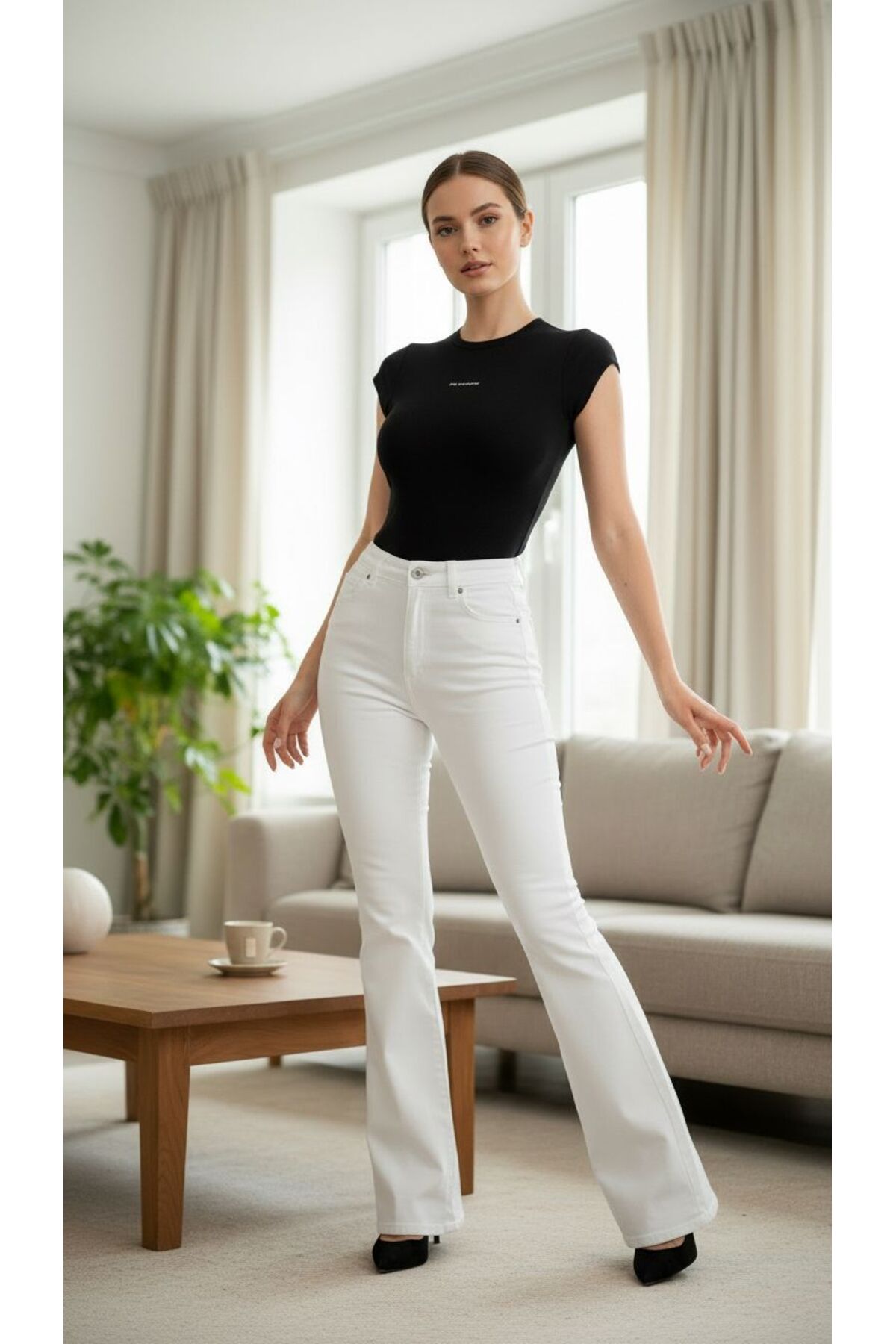 comfort jeans  Beyaz Likralı Yüksek Bel Ispanyol Jeans Pantolon - Görsel 3