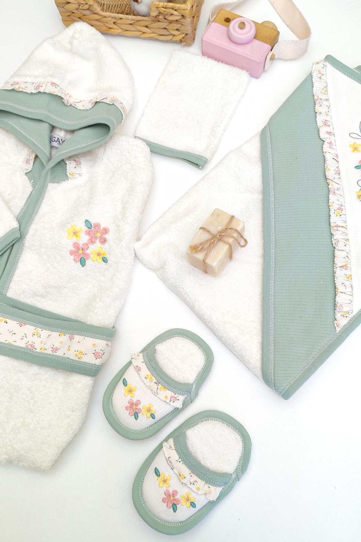 Sitilin Kız Erkek Bebek Yeşil Bornoz Takımı Havlu Seti % 100 Pamuk Kumaş STL6230 fotoğrafı 3 (önizleme)