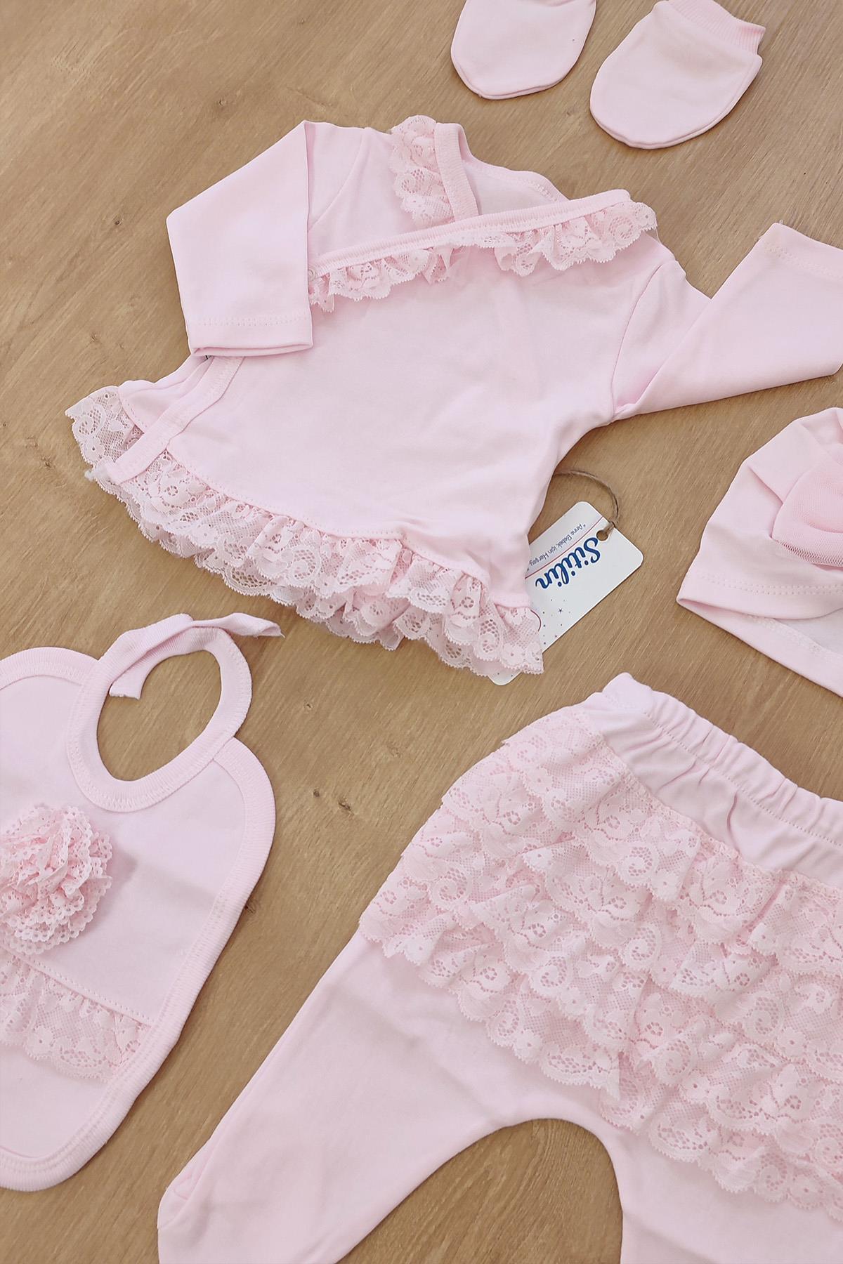 Sitilin Kız Bebek Dantelli Lüks Fistolu Süslü 5 Li Hastane Çıkışı %100 Pamuk Yenidoğan Seti fotoğrafı 6 (önizleme)