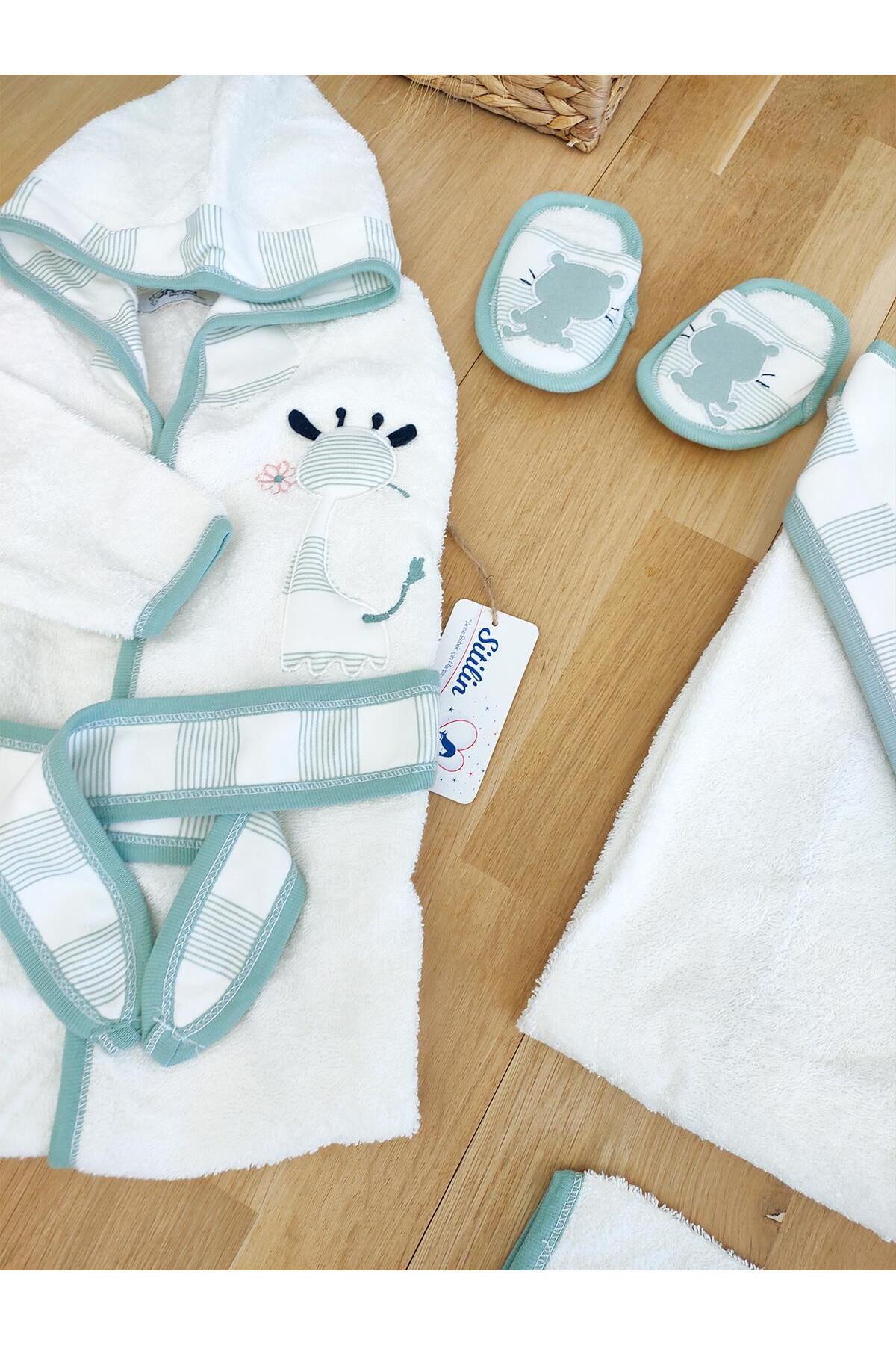 Sitilin Kız Erkek Bebek Yeşil Bornoz Takımı Havlu Seti % 100 Pamuk Kumaş STL5037 fotoğrafı 2 (önizleme)