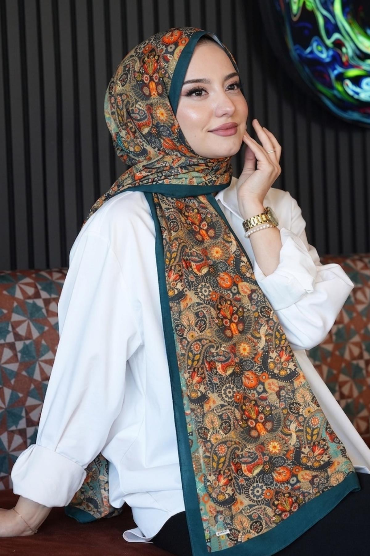 AFVENTE  Etnik Çiçek Desen Yeşil Soft Pamuk Şal