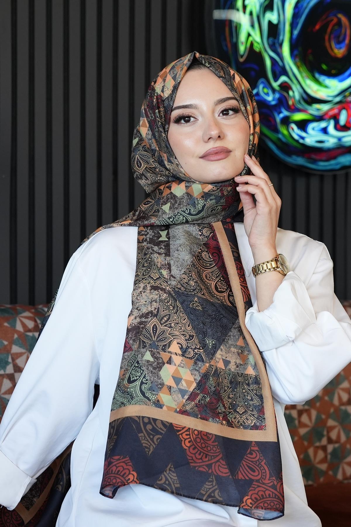 AFVENTE  Paisley Desen Kahverengi Soft Pamuk Şal - Görsel 3