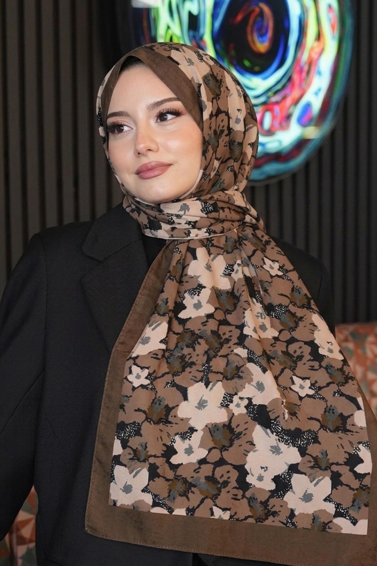 AFVENTE  Yaprak Desen Çikolata Kahve Soft Pamuk Şal