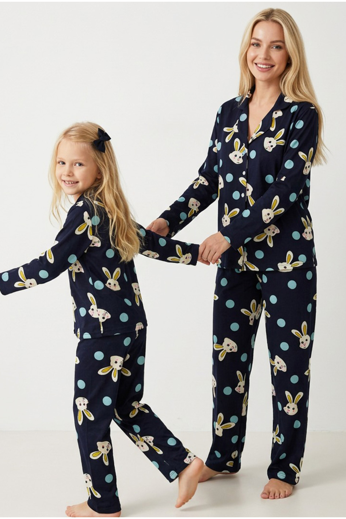 Siyah İnci Lacivert Pamuklu Düğmeli Pijama Takım fotoğrafı 2 (önizleme)